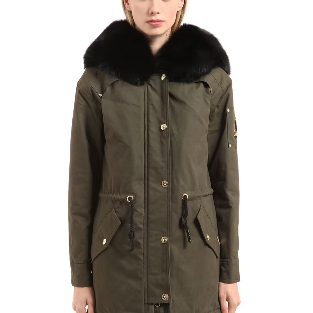 Moose Knuckles Ladies Stellar Canvas Parka Black Fur Hood, Multicolor Fur Lining